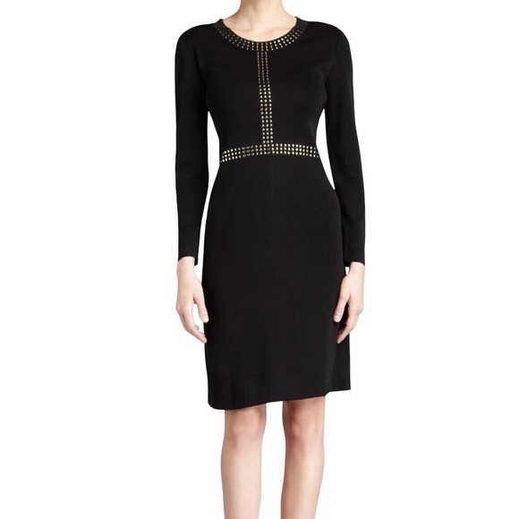 Misook Black Dress Gold Studded Accents Long Sleeve Career Cocktail M $398 - Picture 1 of 11
